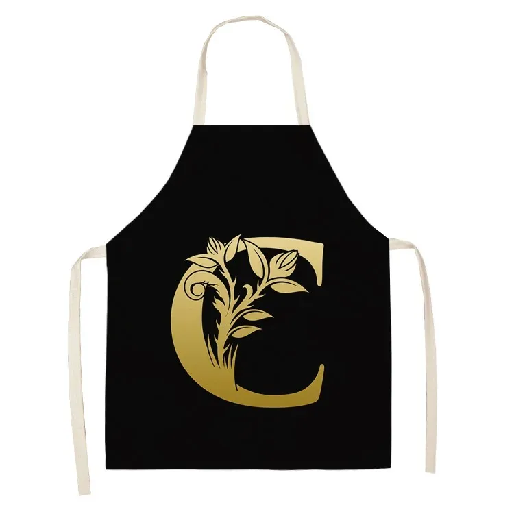 Gold Letter Alphabet Pattern Kitchen Apron 53*65cm For Woman Sleeveless Cotton Linen Aprons Cooking Home Cleaning Tools