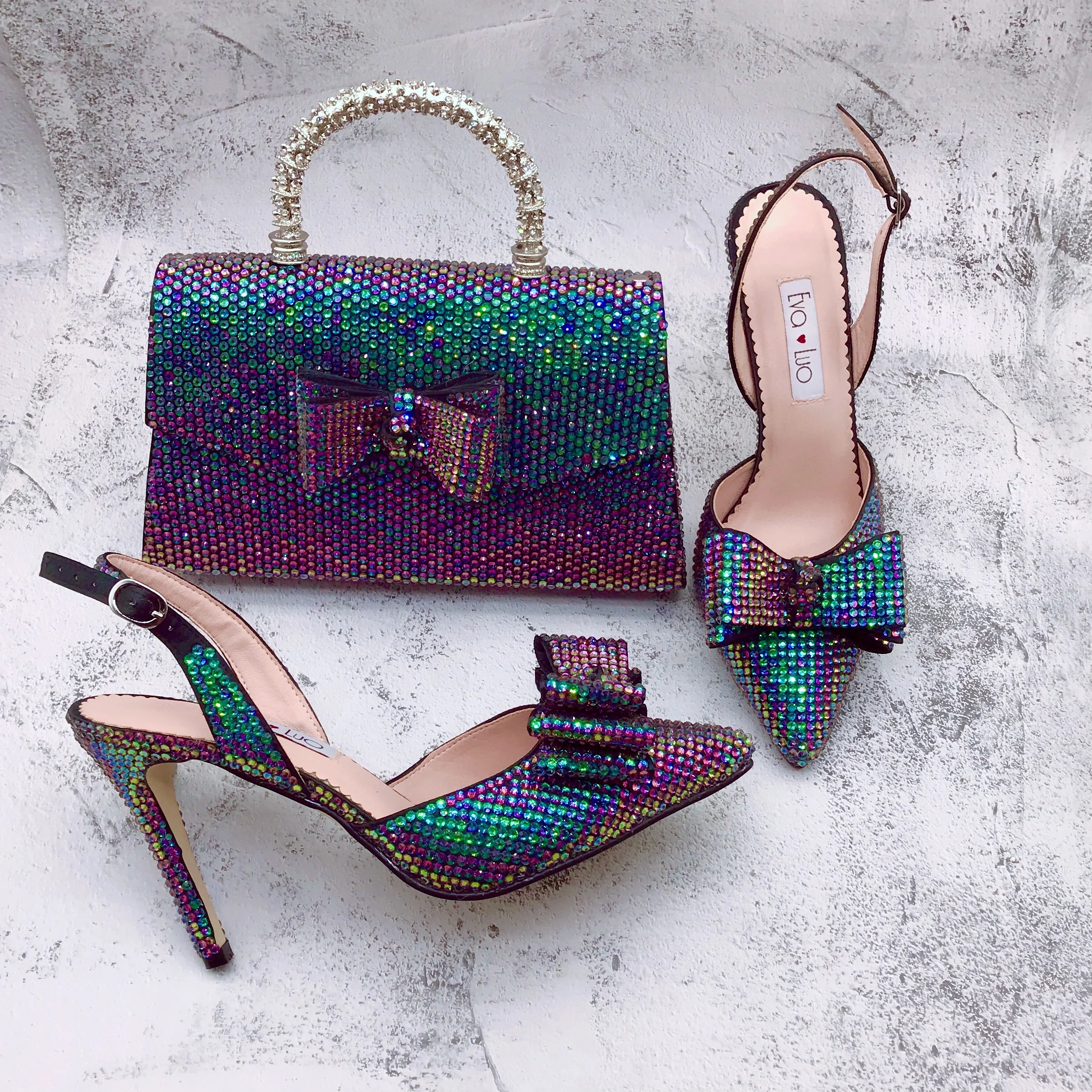 

BS1748 Luxury Custom Handmade Multicolor Blue Purple Rhinestone Italian Shoes with Matching Bags Set For Briday Wedding Birthday