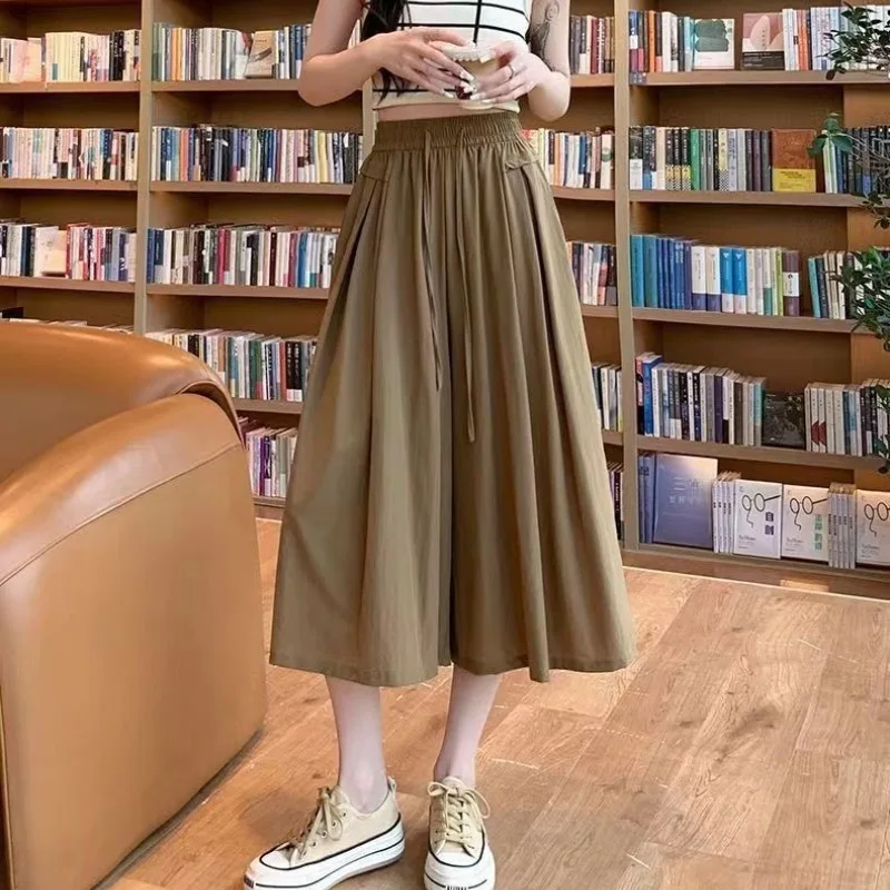 Women's Clothing Spring Summer Solid Color Elastic High Waisted Pockets Drawstring Shirring Casual Chiffon Preppy Style Pants