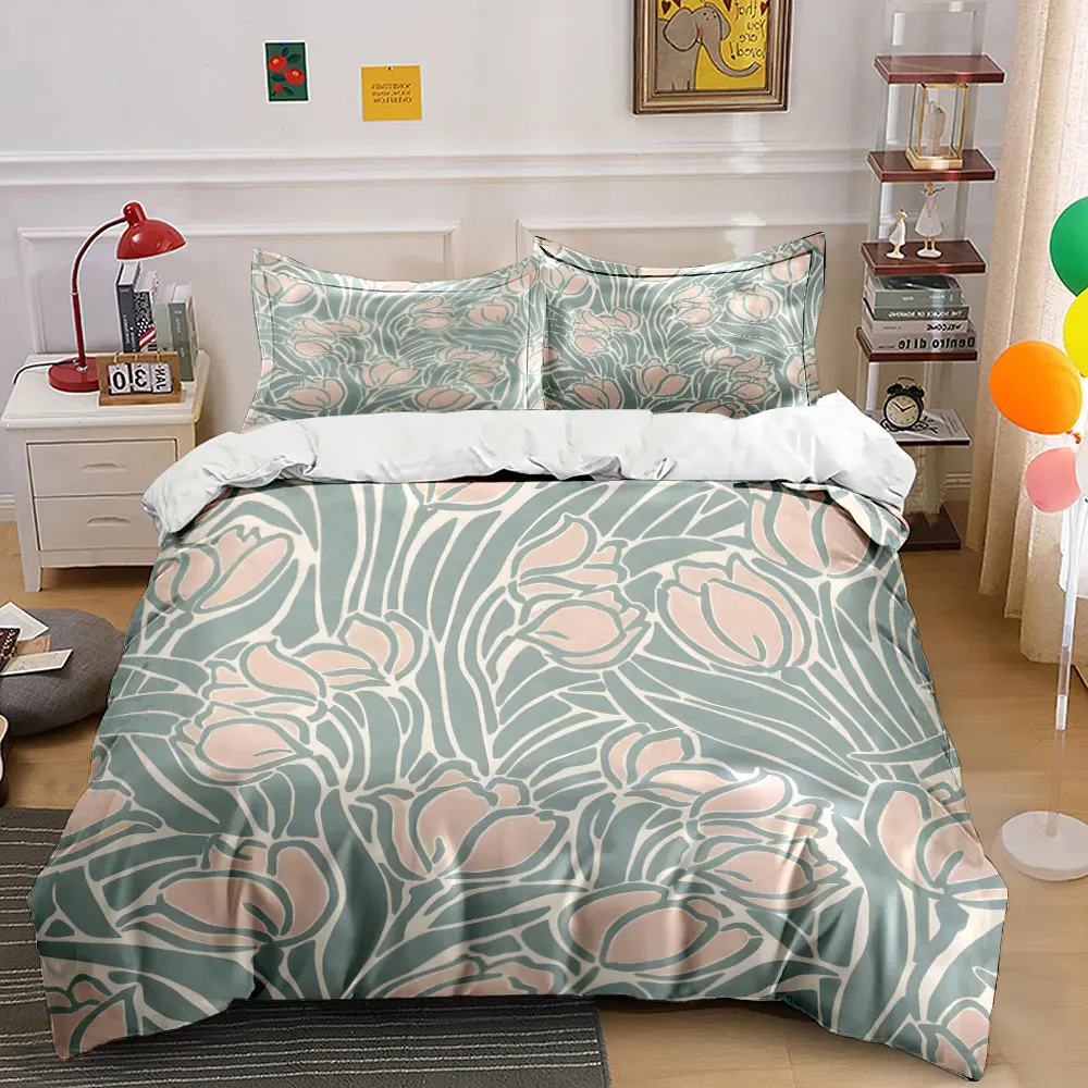 Soft tulip floral pattern Print Bedding Set 1 Duvet Cover 2 Pillowcases for Adult and Children Luxury Gift Full Size