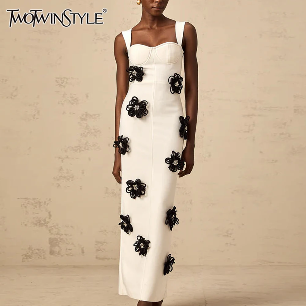 

TWOTWINSTYLE Slimming Colorblock Temperament Dresses for Women Square Neck Sleeveless Patchwork 3D Flowers Dress Female Clothing
