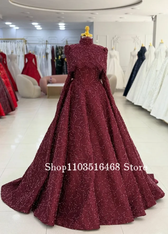 Customized Arabic Bridal Gown Burgundy Heavy Beaded Floor Length Modest Muslim Wedding Party Dress