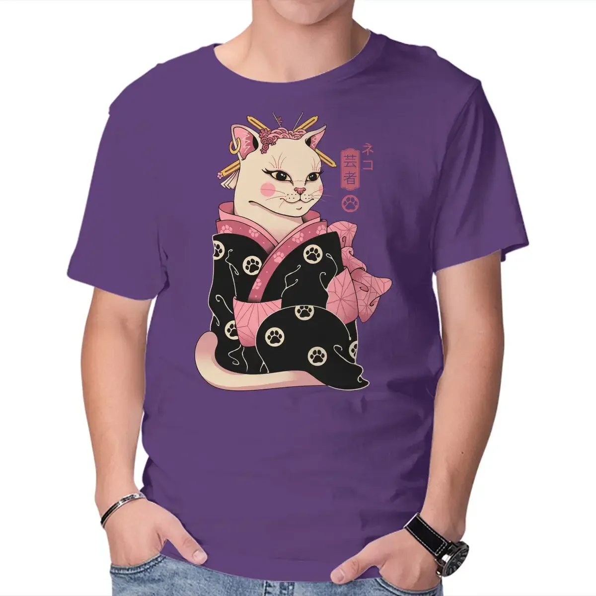 Neko Geisha Anime Graphic T-shirts for Men Clothing Women Short Sleeve Tees New Arrivals Unisex Summer