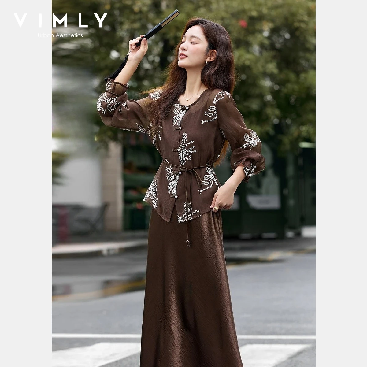 

VIMLY Chinese Style Embroidered Jacquard Dress Set Women 2026 Autumn Casual Two Piece Sets Long Sleeve Top Slip Maxi Dress A2955