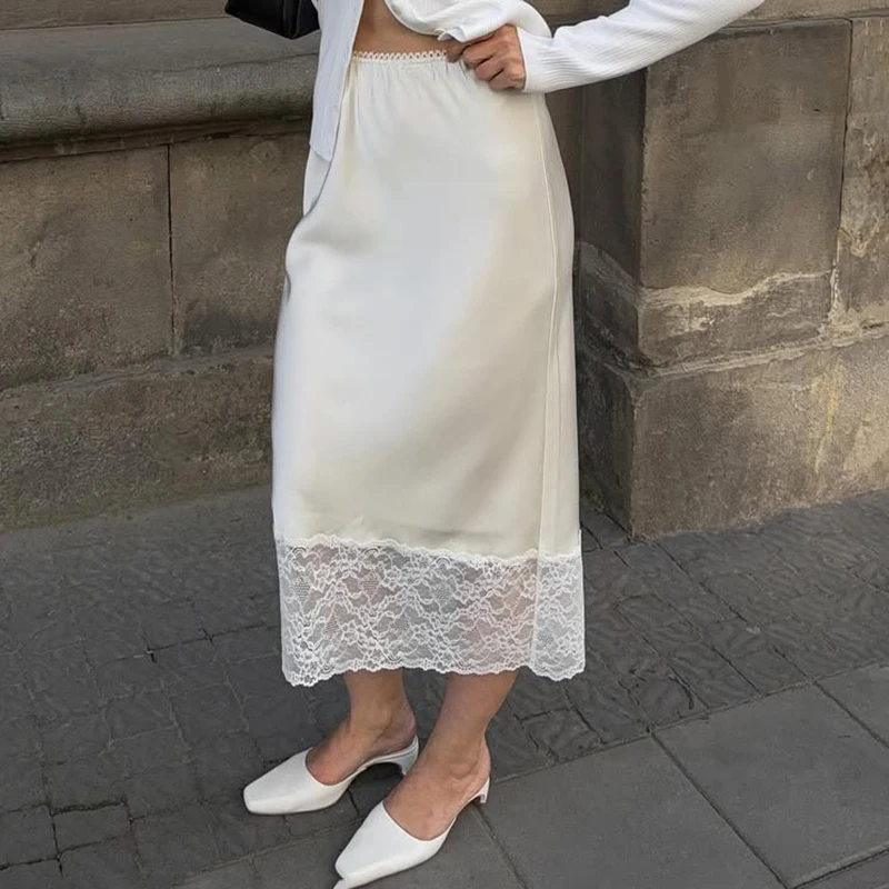 2025 New White Lace Patchwork Slim Skirts Fashion Long Half-length Skirt Luxury Y2k Party Looks Vintage Casual Women Skirts