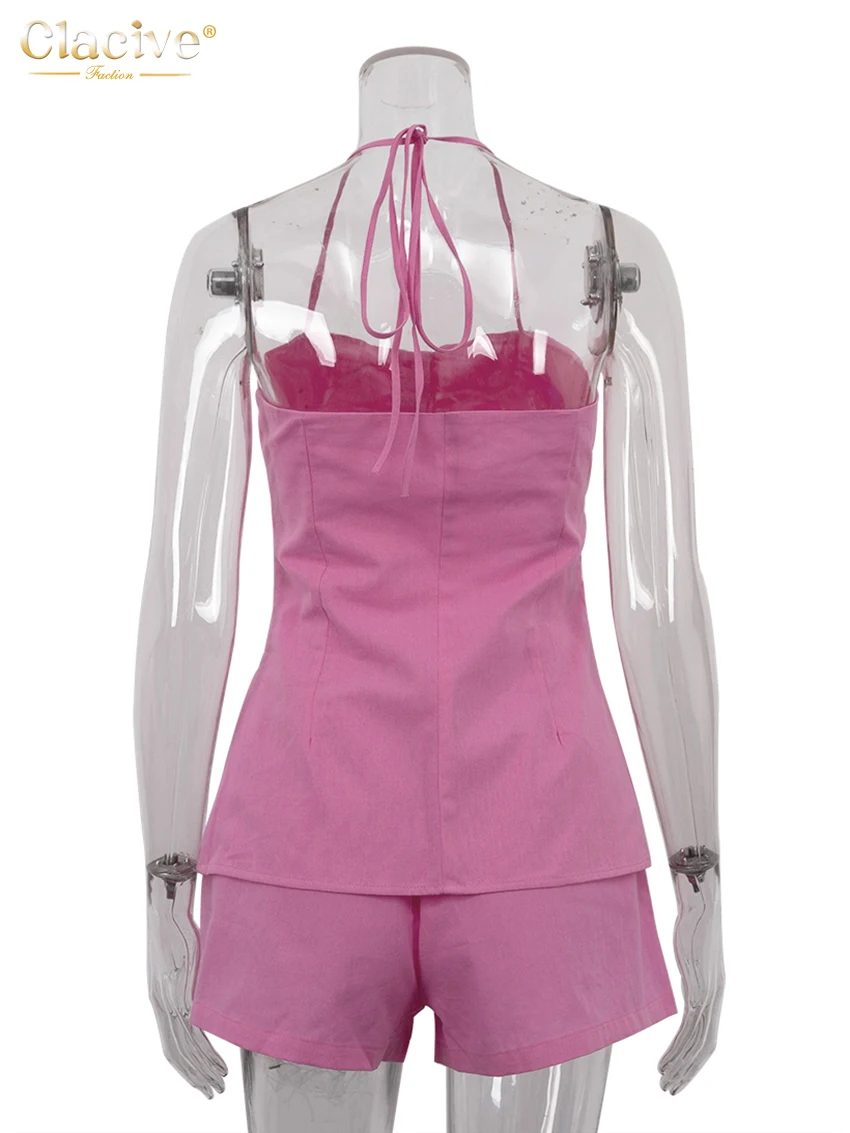 Clacive Sexy Slim Pink Cotton 2 Piece Set Women Outfit 2024 Bodycon Halter Sleeveless Tank Top With High Waist Shorts Set Female