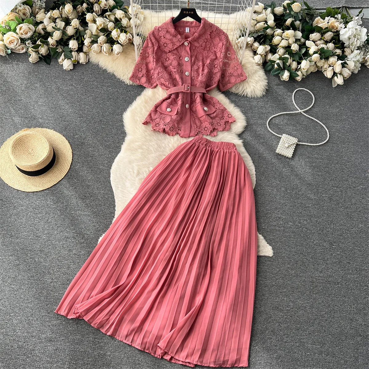 

French Elegant Suit Women's Fashion Solid Color Two piece Lace Lapel Short Sleeve Waist Top+High Waist Pleated Half skirt Sets