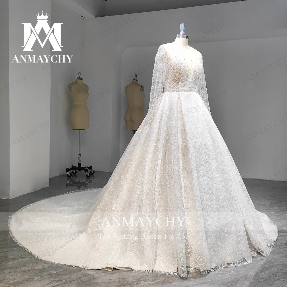 ANMAYCHY a خط الأكمام فساتين زفاف فاخرة للنساء الحبيب طويلة أنيقة بلا ظهر الخرز ثوب زفاف Vestidos De Novia