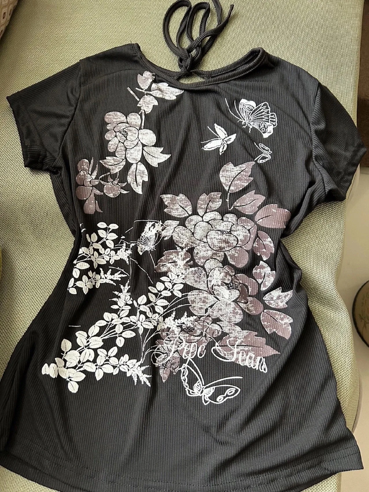 

Kimotimo Vintage Butterfly Print Black T-shirt Women Summer Back Hollow Out Short Sleeve Slim Fit Top Harajuku Y2k Gothic Tees