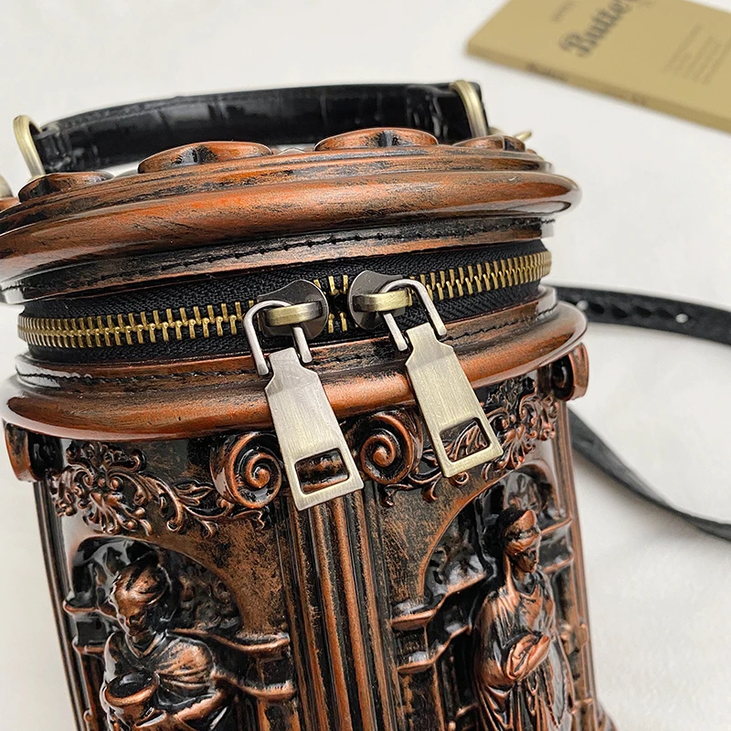 Roman Column Stereoscopic Relief Pattern  Cylindrical Shape Handbag for Women 2026 Baroque Style Vintage Double Zipper Design