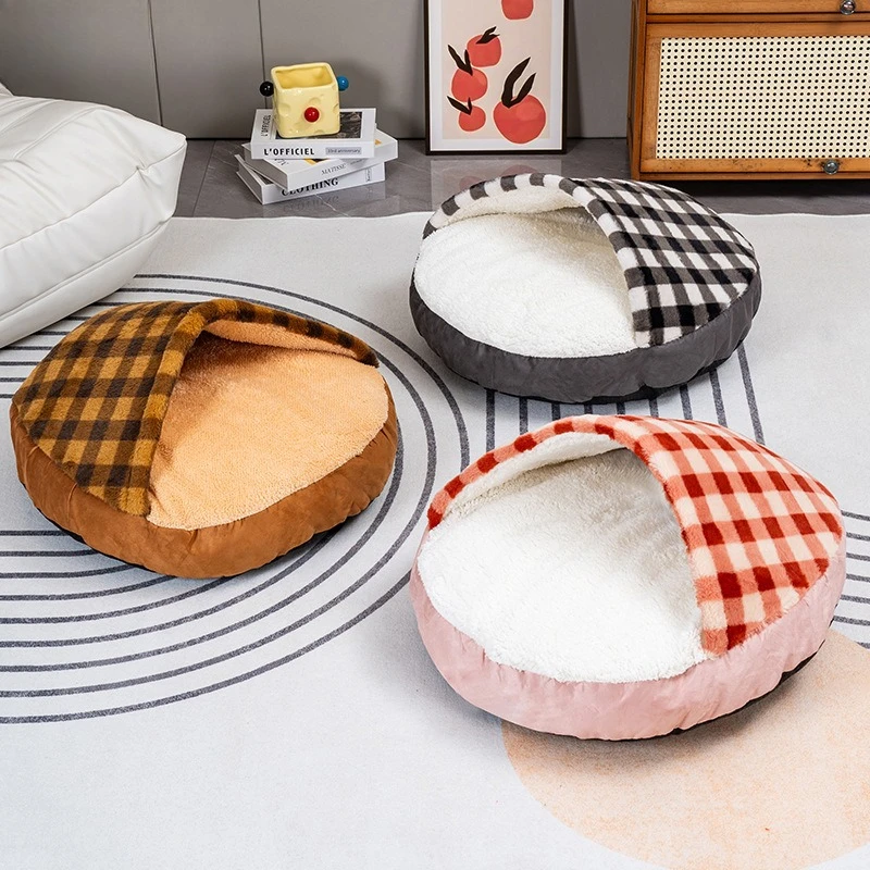 Soft plush pet bed in autumn and winter warm plush quilt nest shell cat nest semi-closed cat nest in winter