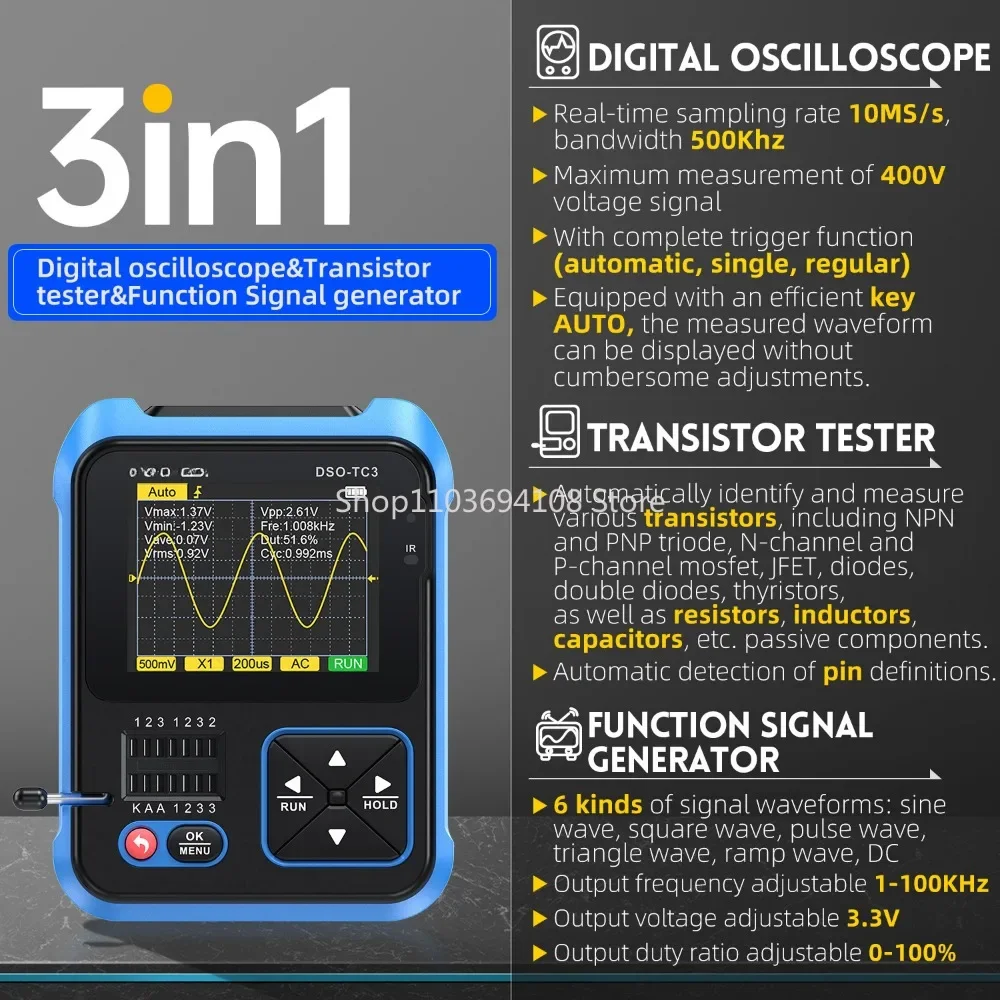 Fnirsi DSO-TC3 Hand-Held Oscilloscope Transistor Tester Signal Generator Three-in-One