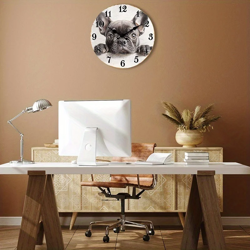1pc Non-Ticking Wooden Wall Clock with French Bulldog Design - Rustic Circular AA Battery Operated (Not Included) for Living Room, Bedroom, Kitchen, Office - 25.4cm/30.48cm/35.56cm/40.64cm, Home Decor, Vintage Style, Durable Construction, Home Decorators