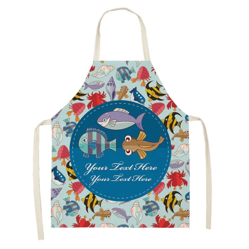 Cartoon Marine Animal Fish Pattern Linen Hand Wipe Sleeveless Waist Apron Adult Home Decoration Apron Kitchen Delantal Cocina