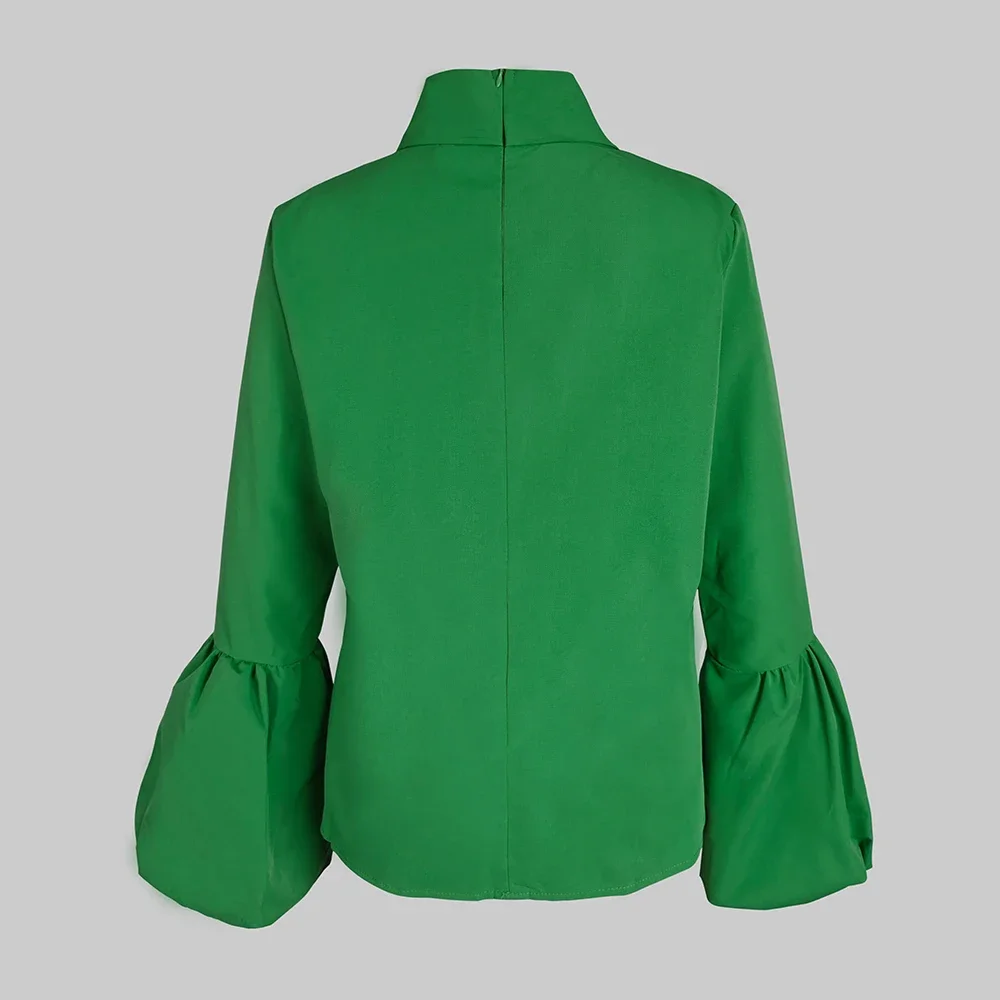 Modigirl Strik Hoge Kraag Shirt Voor Vrouwen 2024 Nieuwe Lantaarn Mouw Fit Effen Groene Blouse Stedelijke Damesmode Commuter top