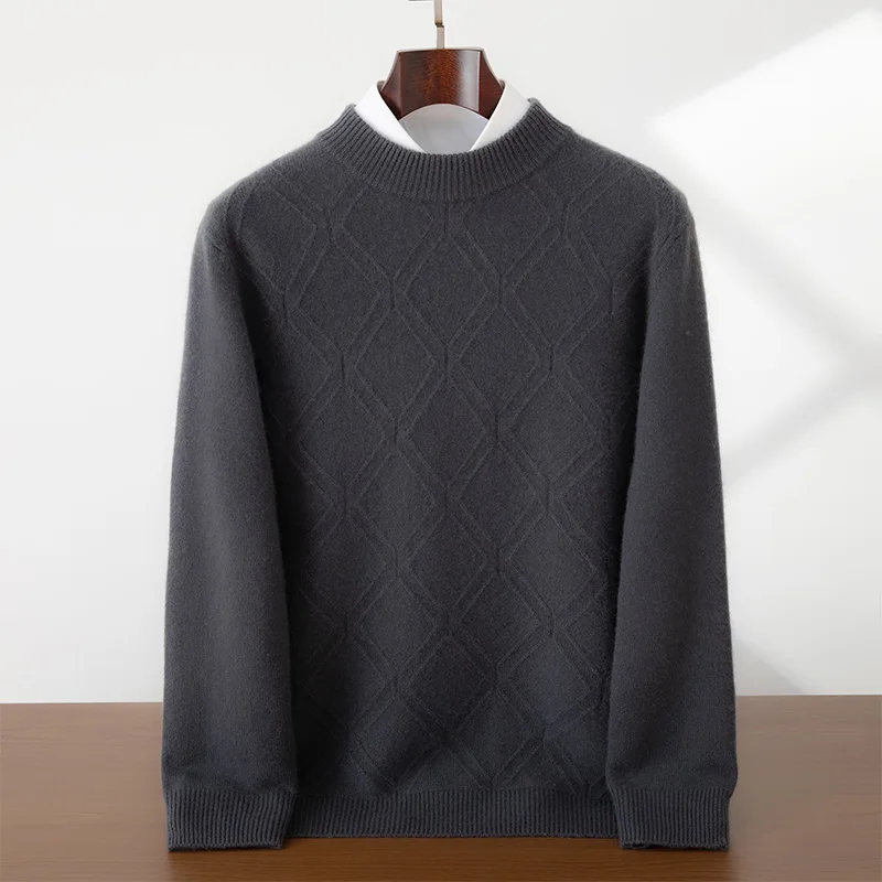 Half high neck cashmere sweatermen's double stranded thick diamond shaped business casual versatile sweaterwinter 100% cashmere