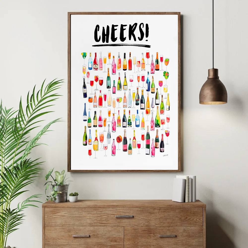 Cheers Prints Canvas Painting Bar Cart Wall Art Trendy Champagne Cocktail Poster Aesthetic Girly Cute Preppy Prints Home Decor