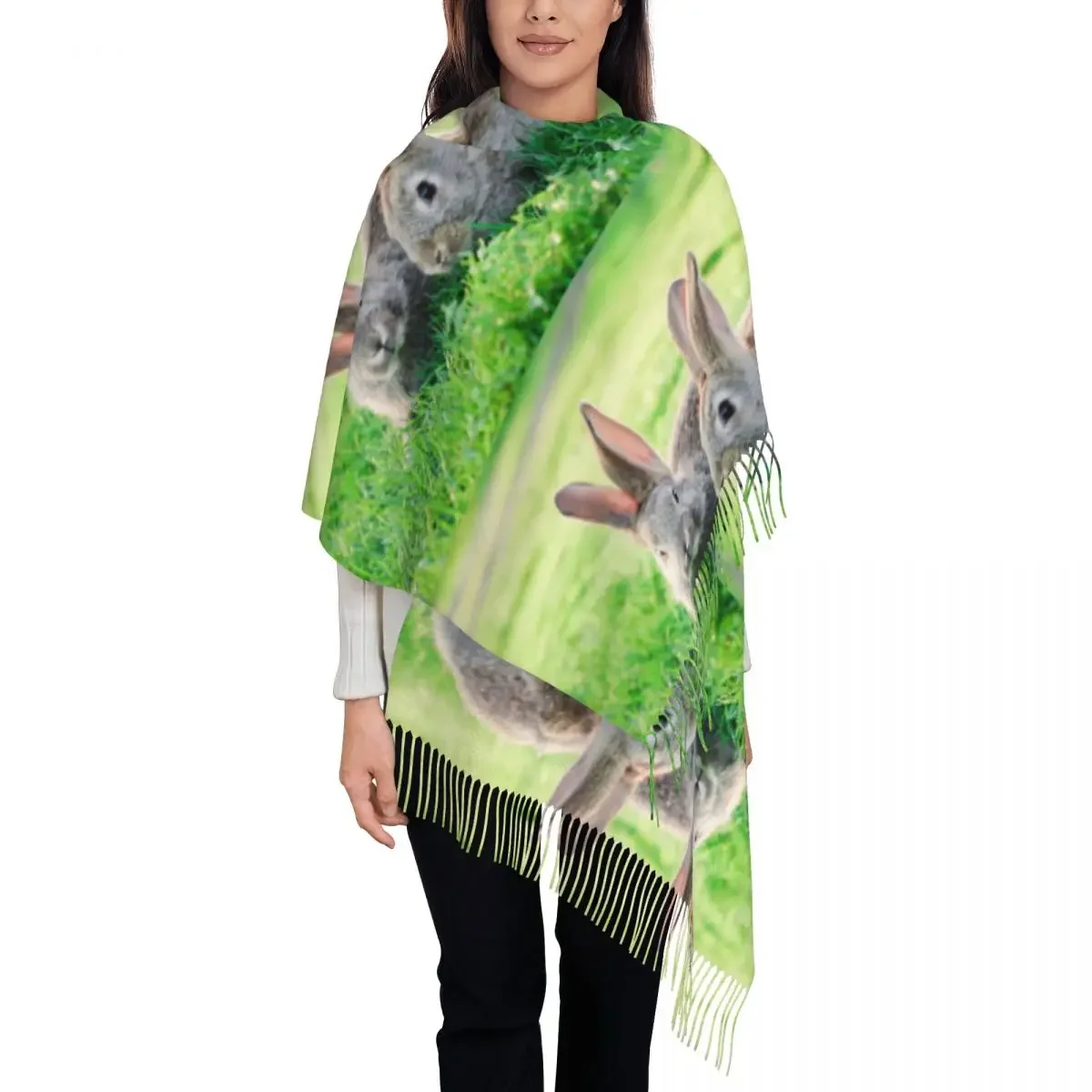 Two Grey Rabbits In Green Grass Women's Pashmina Shawl Wraps Fringe Scarf Long Large Scarf