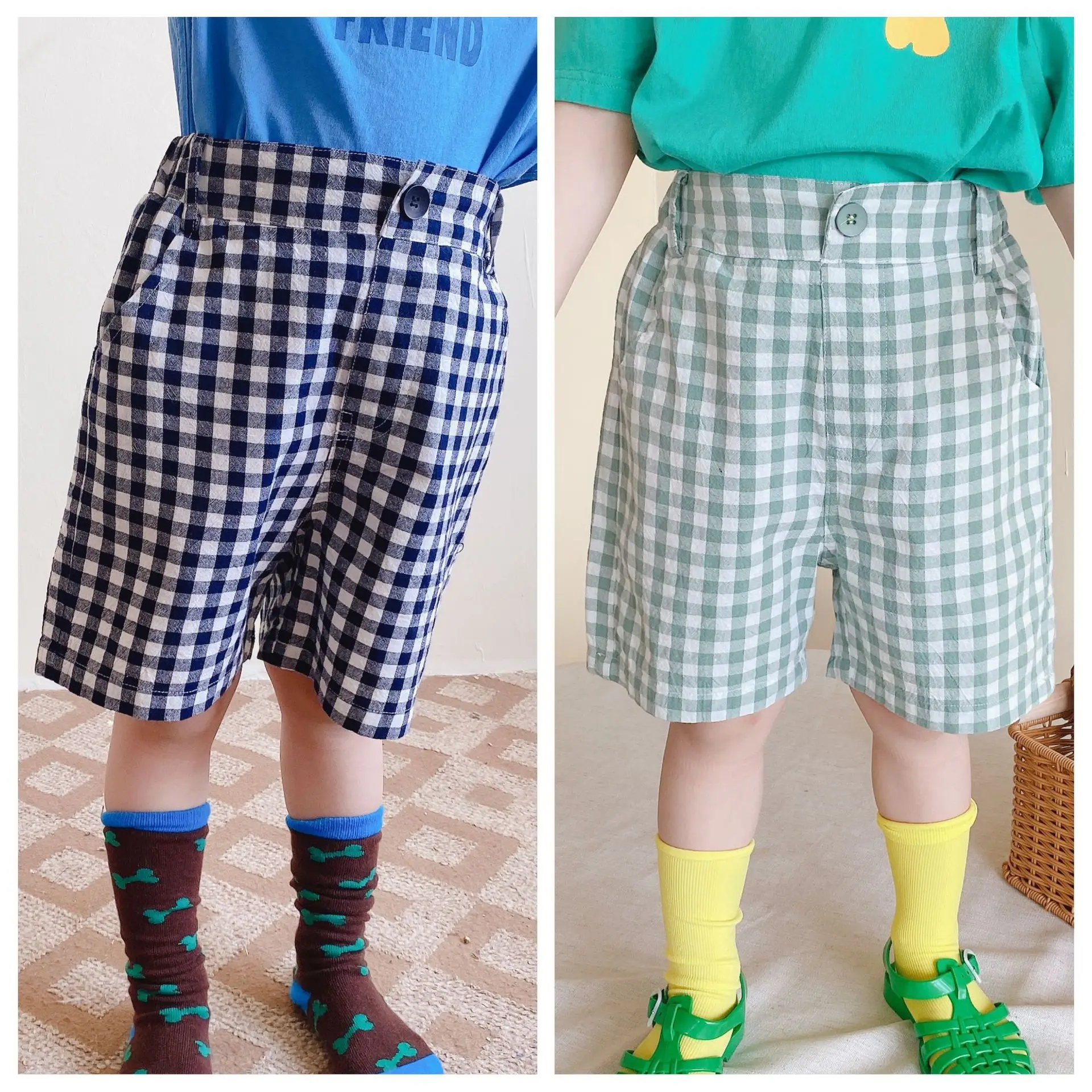 Summer 2026  Arrival Korean Style Girls' Linen Cotton Plaid Bermuda Shorts, Kids Mid-Length Casual Shorts