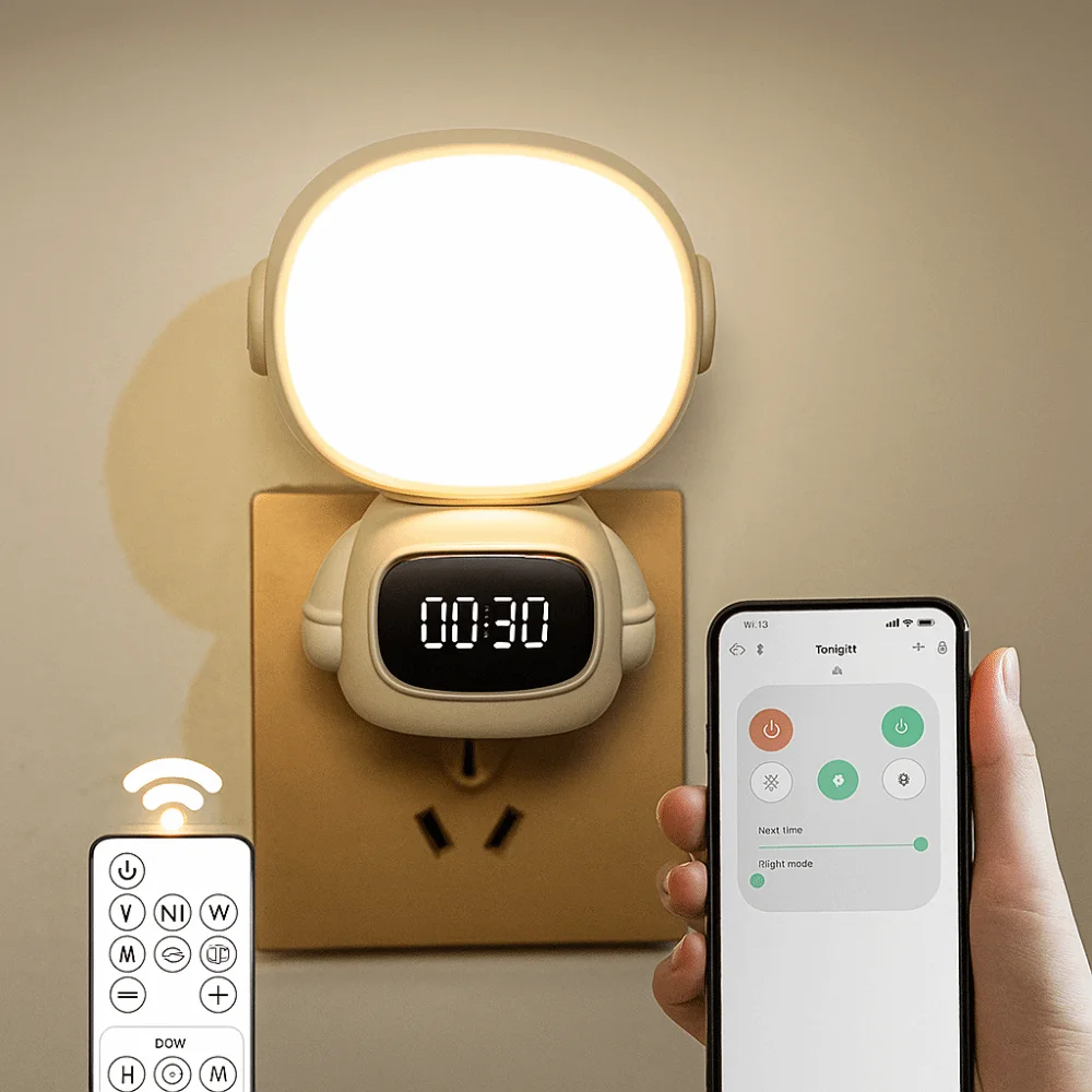 Orologio da astronauta a luce calda Luce notturna Orologio digitale Lampada da comodino dal design adatto ai bambini Luce ricaricabile USB per la cura degli occhi