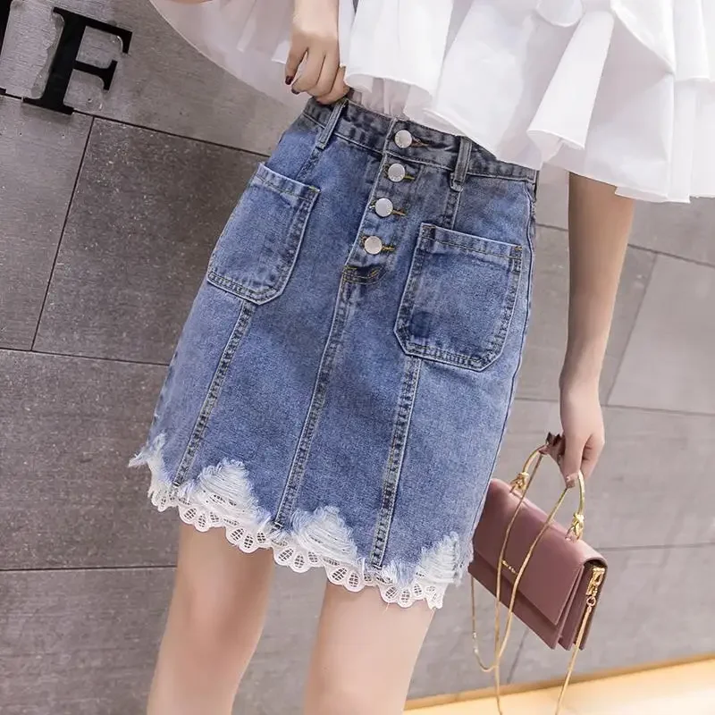 Faldas vaqueras ajustadas de cintura alta para mujer, faldas vaqueras de retales modestas de lujo, ropa de calle informal elegante, falda vaquera Premium para mujer
