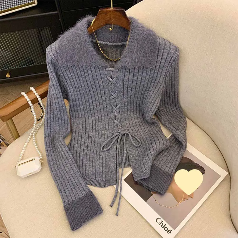 Elegant Women's Solid Knitted Sweater 2024 New Spring Autumn Long Sleeves Plush Cuff&Big Lapel Lace Up Cardigan Slim Fit Top