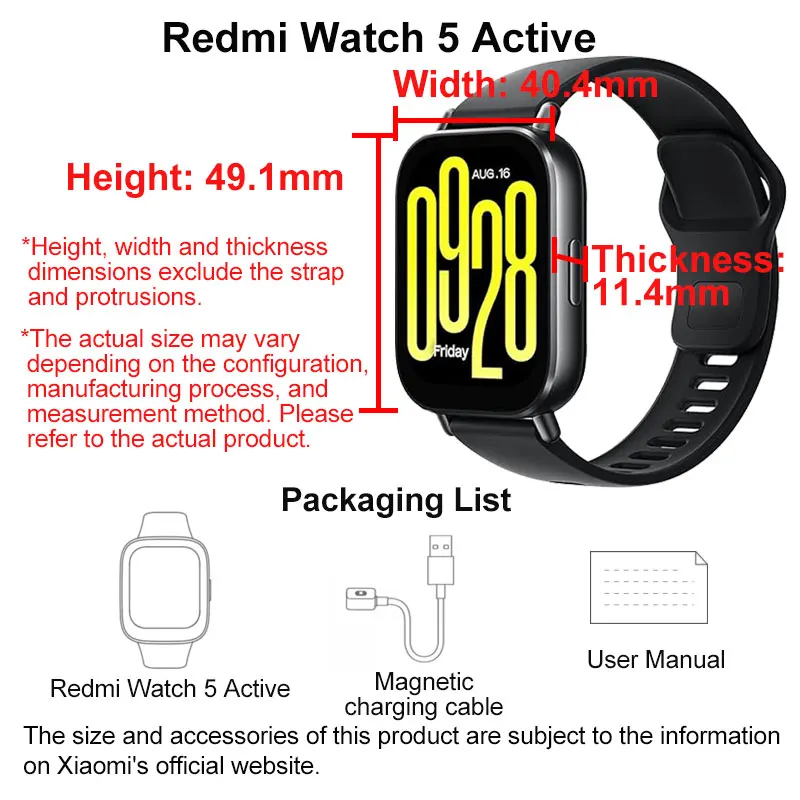 Reloj Inteligente Xiaomi Redmi Watch 5 Active, Pantalla LCD de 2 Pulgadas, Monitoreo de Frecuencia Cardíaca y Oxígeno en Sangre Durante Todo el Día, Reloj Inteligente con Llamadas Bluetooth 7