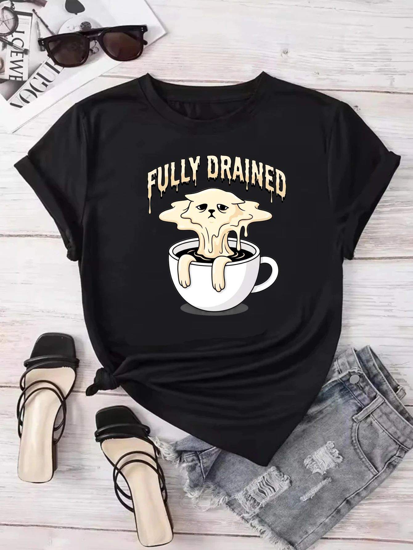 Funny Fully Drained Cat T-shirt Melting Cat In Coffee Cup Graphic Print Short Sleeve Tee Men Women Coffee Lover Casual Streetwea