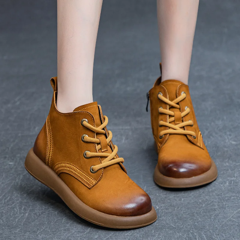 New Women's Genuine Leather Short Boots Retro Flat Bottom Soft Bottom Cowhide Bare Boots