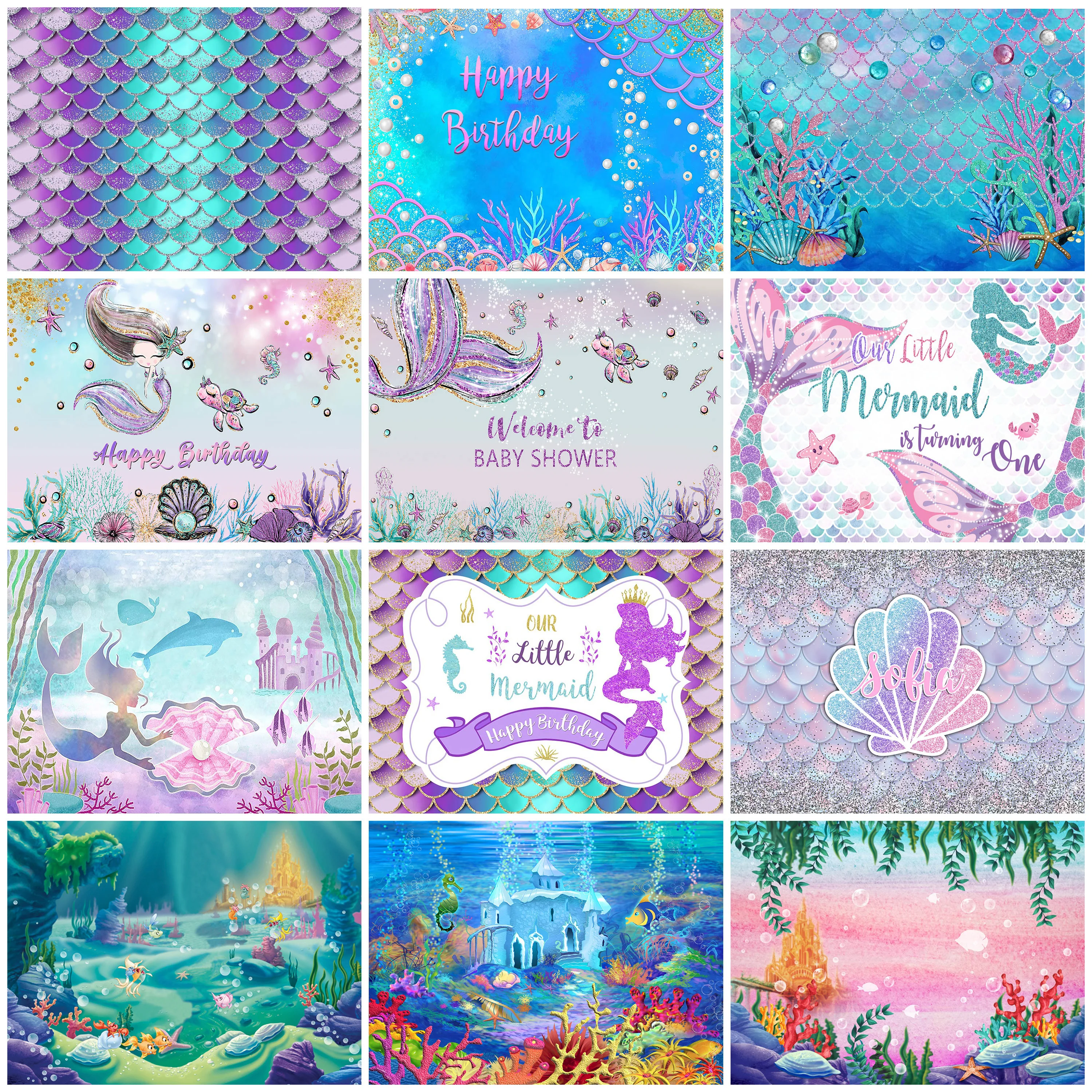 Glitter Mermaid Photography Background Underwater Castle Newborn Birthday Party Decoration Cake Smash  Backdrop  Props