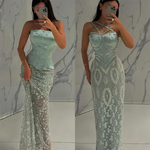 Sansa-vestidos de fiesta de sirena hasta el suelo con cuentas personalizados, vestidos de noche elegantes sin mangas, vestidos de fiesta de ilusión de cristal 2025