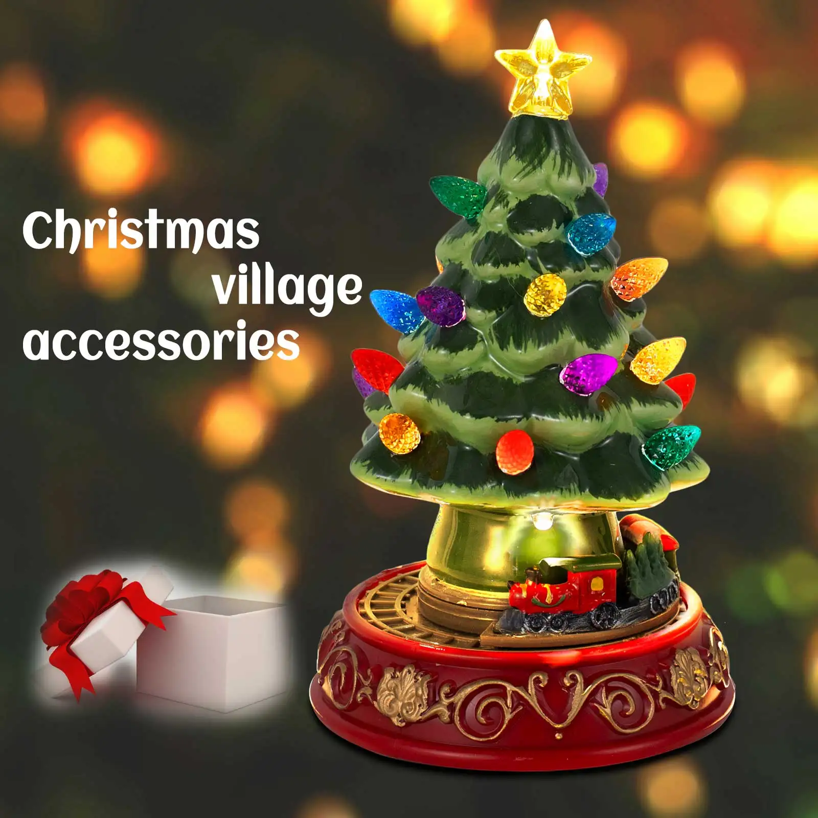 Lighted Christmas Tree with Rotating Train Prelit Tabletop Decor Animated Christmas Tree with Top Star Bulbs Xmas Decoration