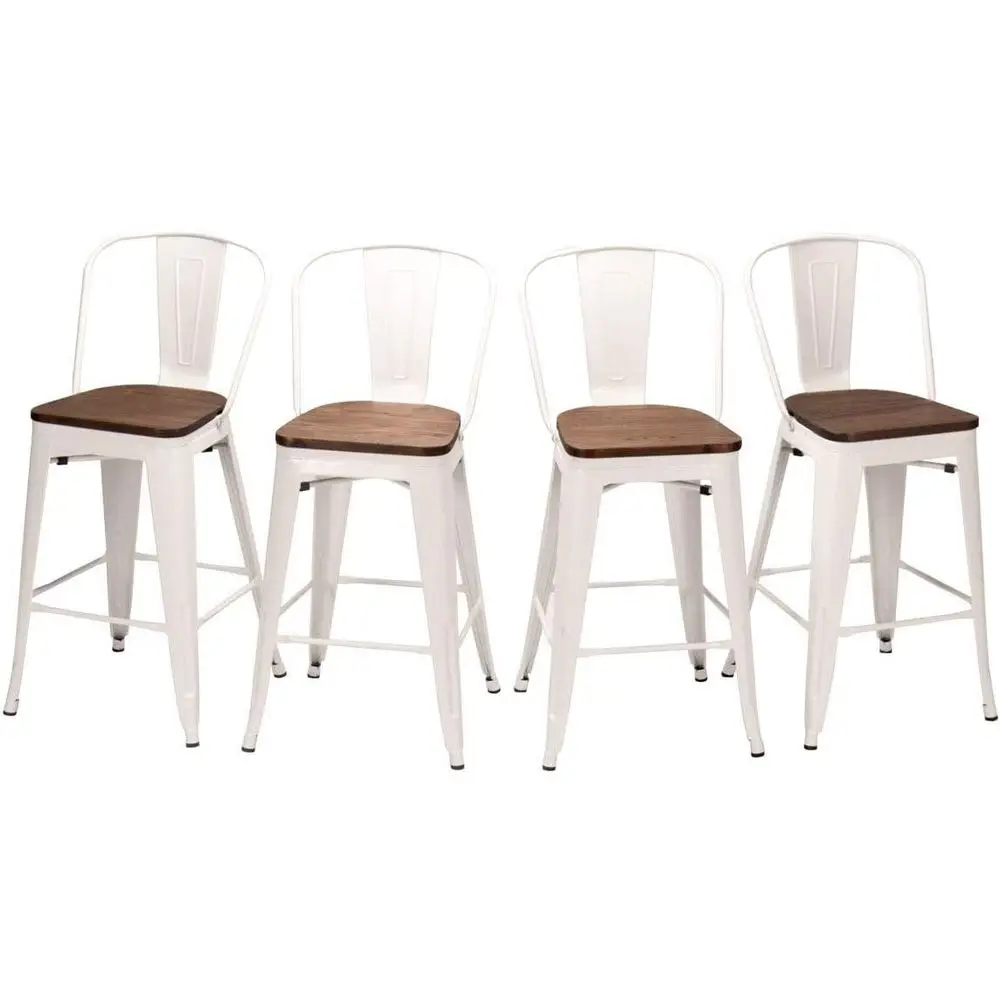 

Набор из 4-х высоких барных стульев в индустриальном стиле, деревянные сиденья, металлический каркас, белые, высота 24 дюйма.