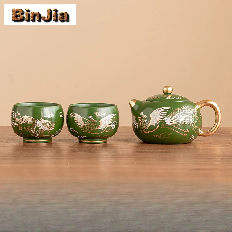 

Gilt Dragon And Phoenix Auspicious Tea Set Complete Set Zen Tea Ceremony Set Tea Maker Teapot And Tea Cup Set Drinkware Gift