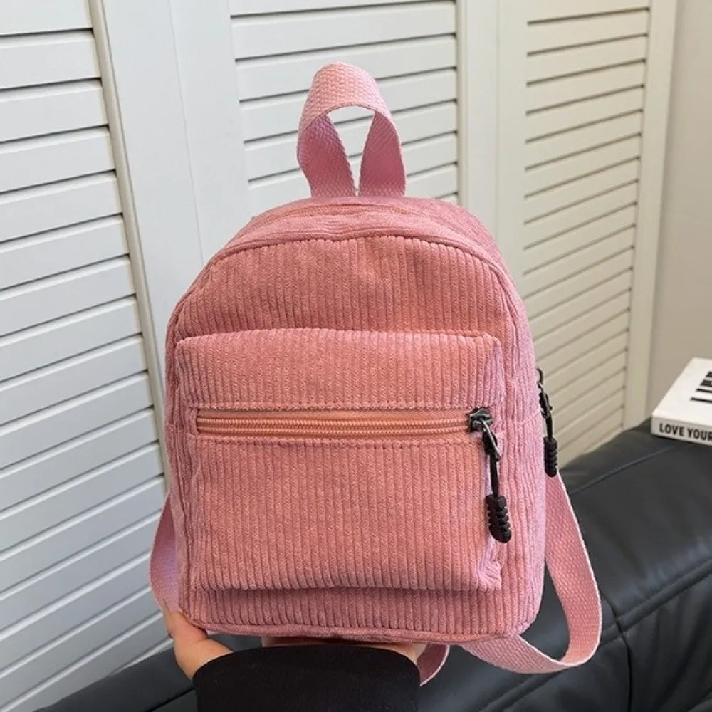 Korean Style Solid Color Corduroy Mini Backpack Zipper Lightweight Double Shoulder Bag Portable Vintage Daypack Ladies