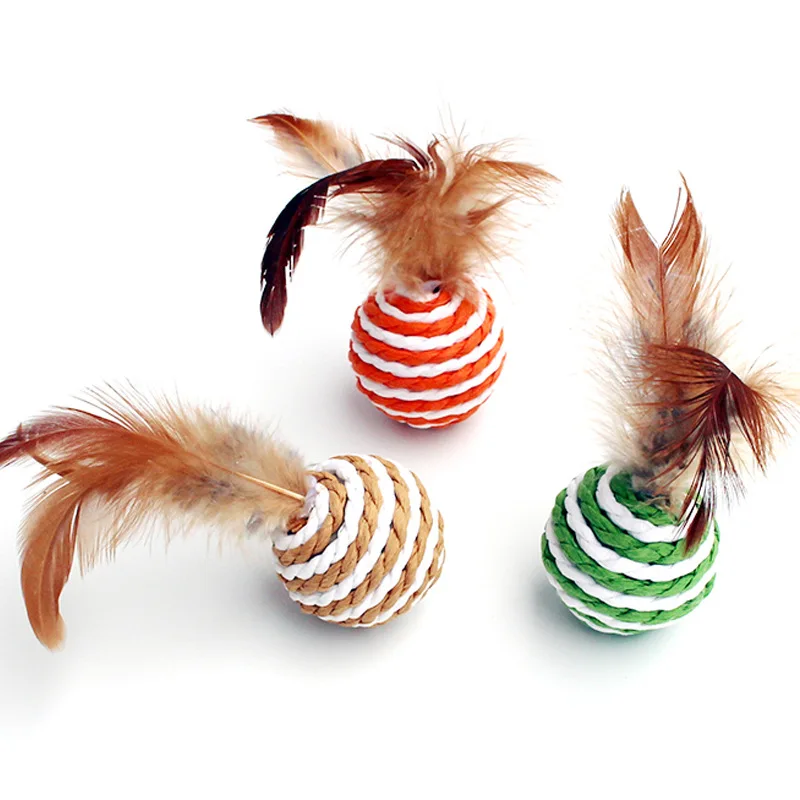 4Pieces Colorful Sisal Interactive Ball Cat Toy Pet Supplies Feather Cat Training Catcher Cat Accessories Random Color Toy Ball