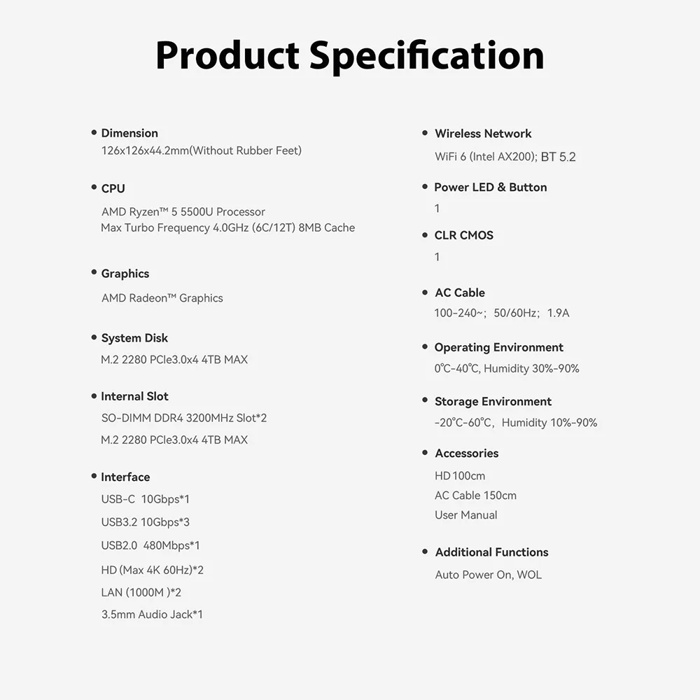 Beelink EQR5 AMD Ryzen 5 5500U Mini PC DDR4 16GB 32GB 500GB SSD WIFI6 1000M BT5.2 Computer da gioco desktop