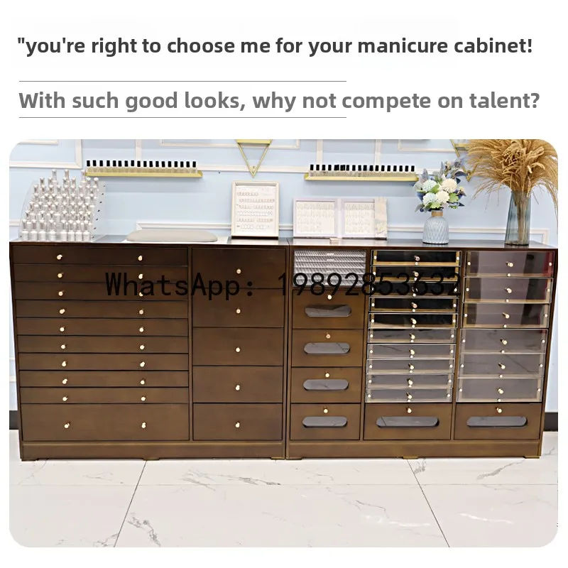 LYY Retro Solid Wood Nail Salon Display Cabinet Vintage Style Nail Polish Gel Floor-standing Nail  Color Board Storage Cabinet