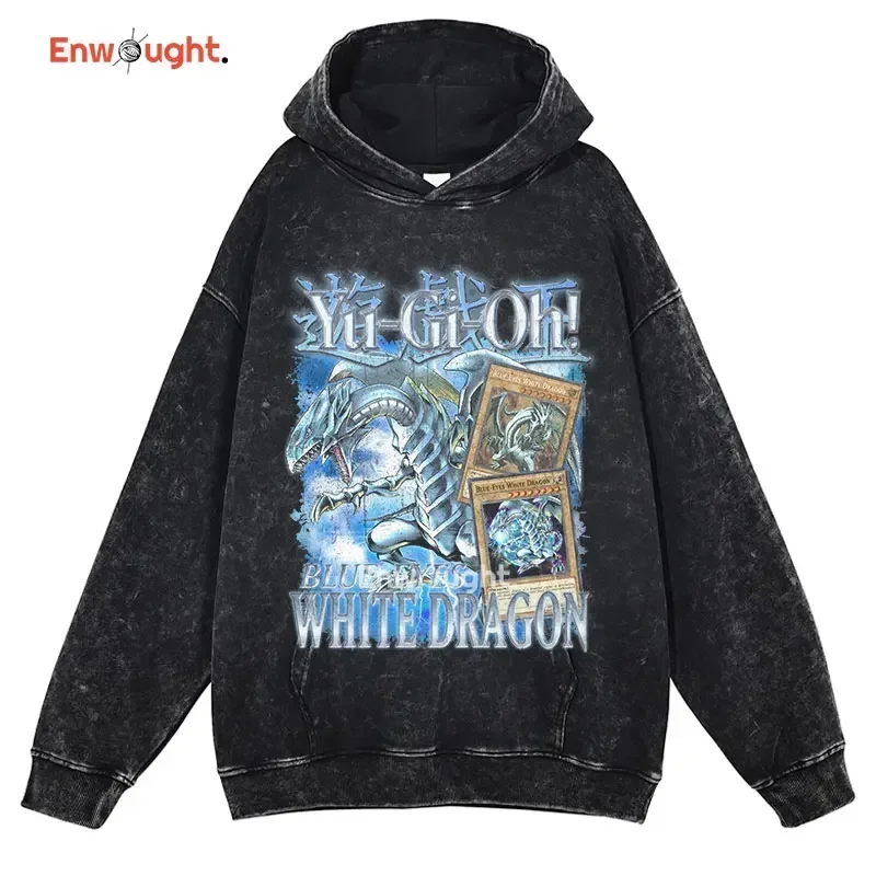 Sudadera con capucha de Anime Yu Gi Oh, sudaderas con capucha de dragón blanco con ojos azules lavados Vintage de gran tamaño, Jersey con capucha de Manga Retro 100% de algodón