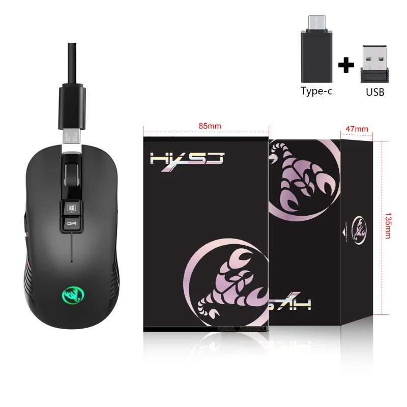 TYPEC+USB Rechargeable wireless mouse 3600dpi adjustable rainbow illuminated gaming mouse 7D mouse can turn off lights