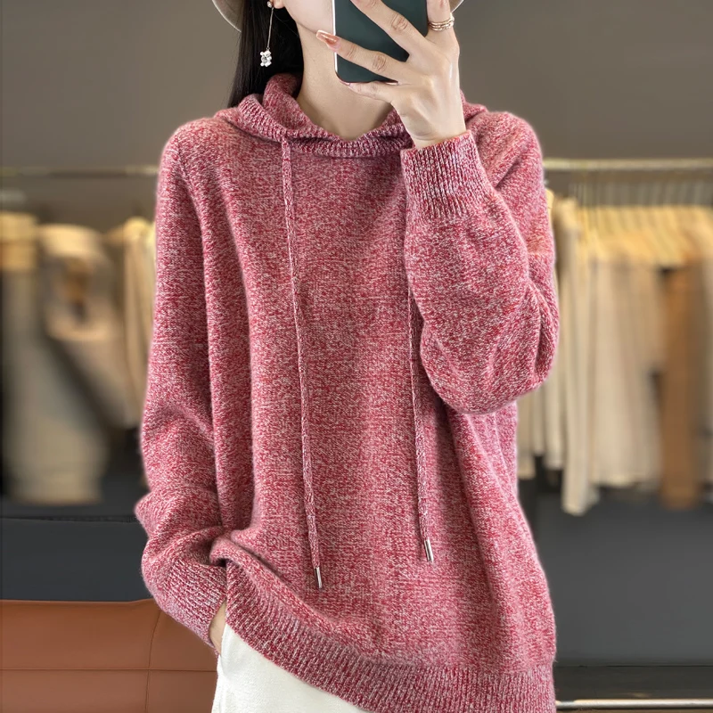 DjzDsm Women's 100% Pure Wool Hoodie, Collar Flower Yarn Versatile Hoodie, Knitted Long Sleeve Sweater, Autumn and Winter New