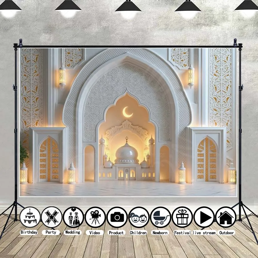 

MOON.QG Ramadan Interior Backgrounds For Photographs Ornate Archway Carving Miniature Mosque Backdrop Photobooth Decor Birthday