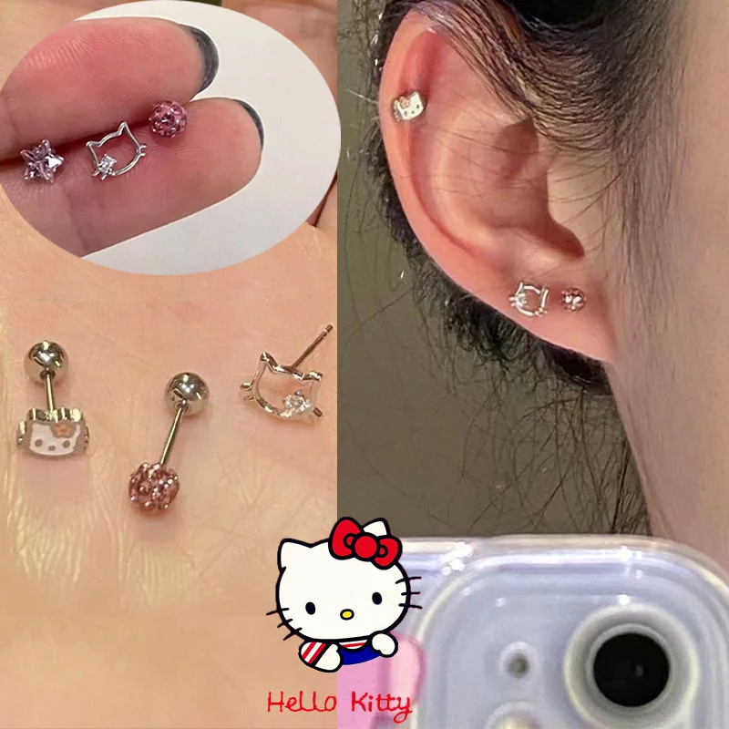 3Pcs/Set Of Titanium Steel Hello Kitty Shiny Zircon Earrings Cute 925 Sterling Silver Cartoon Sweet And Exquisite Ear Bone Studs