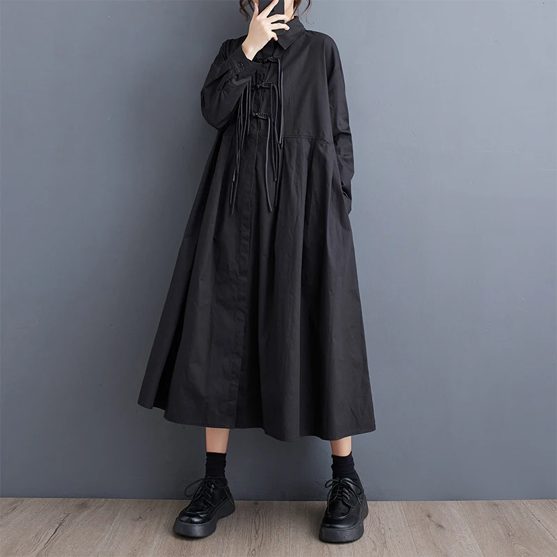 #4064 Black Vintage Long Shirt Dress Loose Buttons Turn-down Collar A-line Dress Long Sleeve Loose Retro Midi Dress Split Joint