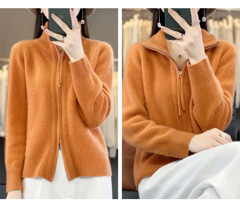 Autumn And Winter New Thick Two-Way Zipper Wool Cardigan Women's Loose Casual Sweater Solid Color Knitted Cashmere Coat