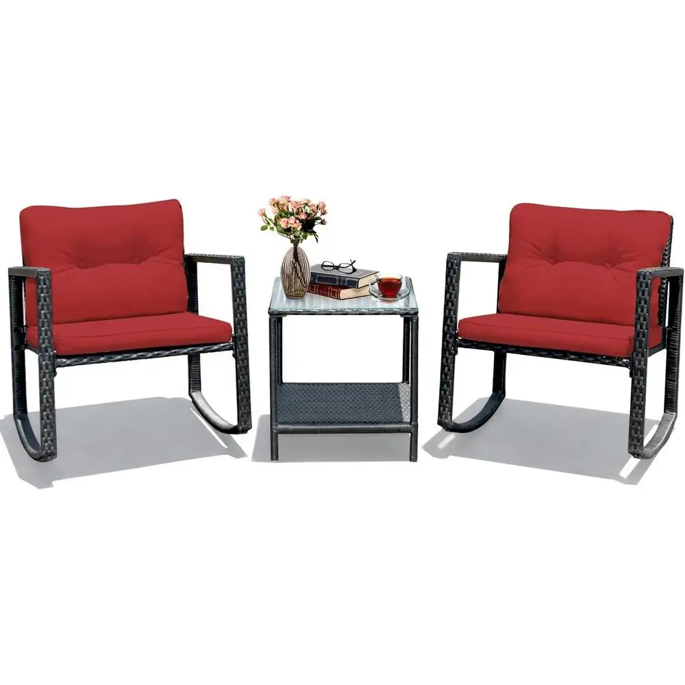

Red 3-Piece Outdoor Wicker Rocking Bistro Set with Cushioned Chairs and Glass Top Coffee Table