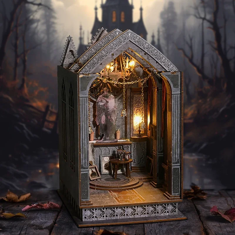 

Bookshelf Set Micro Assembly Model Gothic Architecture Doll House DIY Handmade Toy Set with Lights, Home Bedroom Insert Decorati