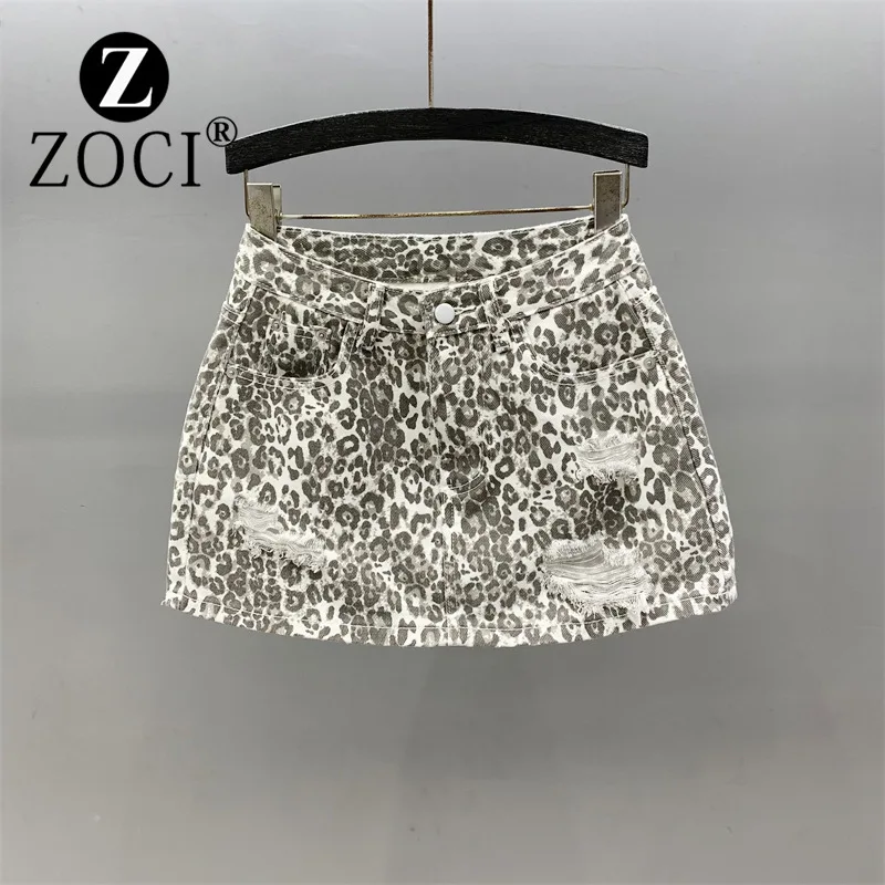 [ZOCI] Girl Leopard Print Denim Women 2024 Summer New High Waisted Ripped Hole A-line Hip Hugging Short Skirt