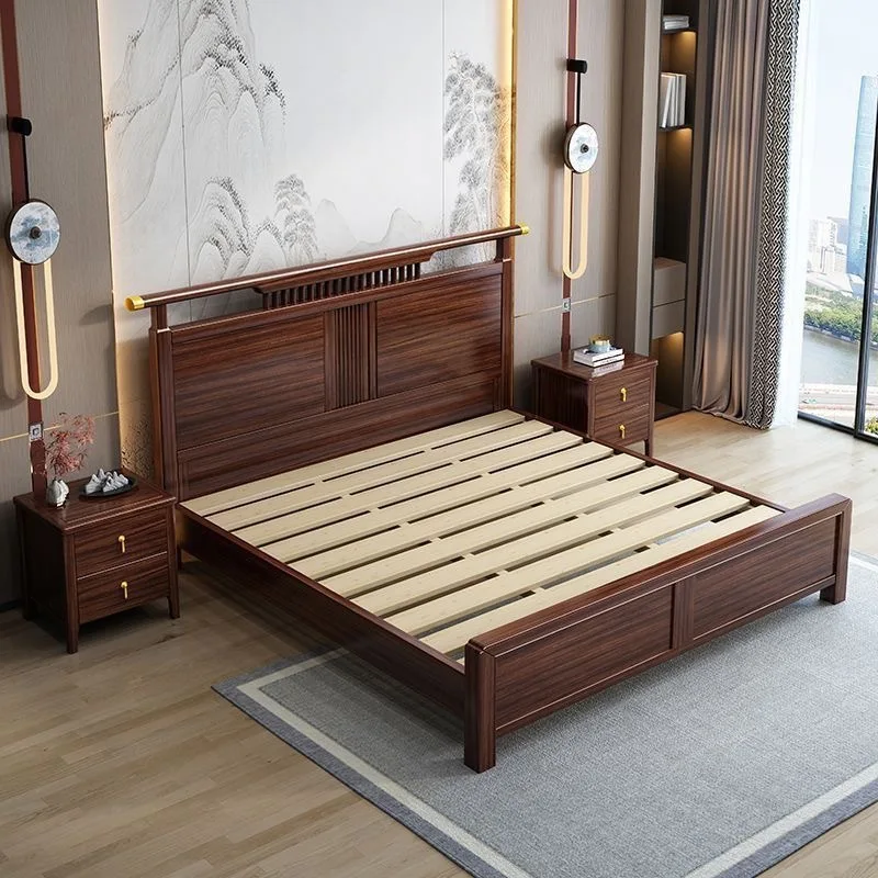 Nuovo letto cinese personalizzabile in legno massello di ebano Villa Semplice camera da letto principale Letto singolo doppio contenitore ad alta pressione d'aria