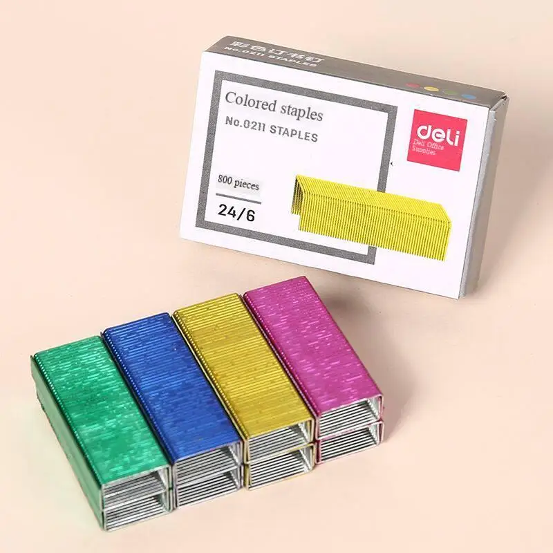 800PCS/Box Deli 0211 Colored Staples 24/6 Standard 12# Universal Binding Staples 25 Sheets Capacity 4 Colors Mixed